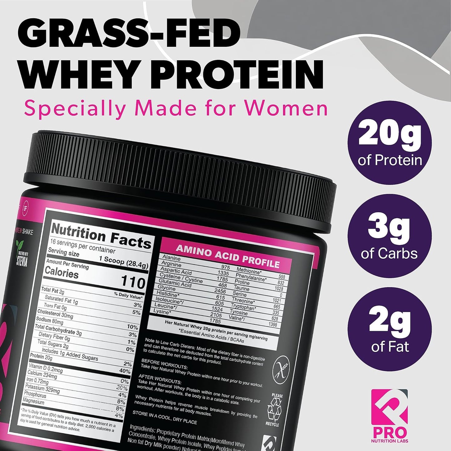 Whey Protein Powder for Women Vanilla Powder - Low Carb Gluten-Free Grass-Fed rBGH-Free - Supports Weight Loss - Natural Stevia Sweetened Protein Shake, 20g (Creamy Vanilla, 1lb)