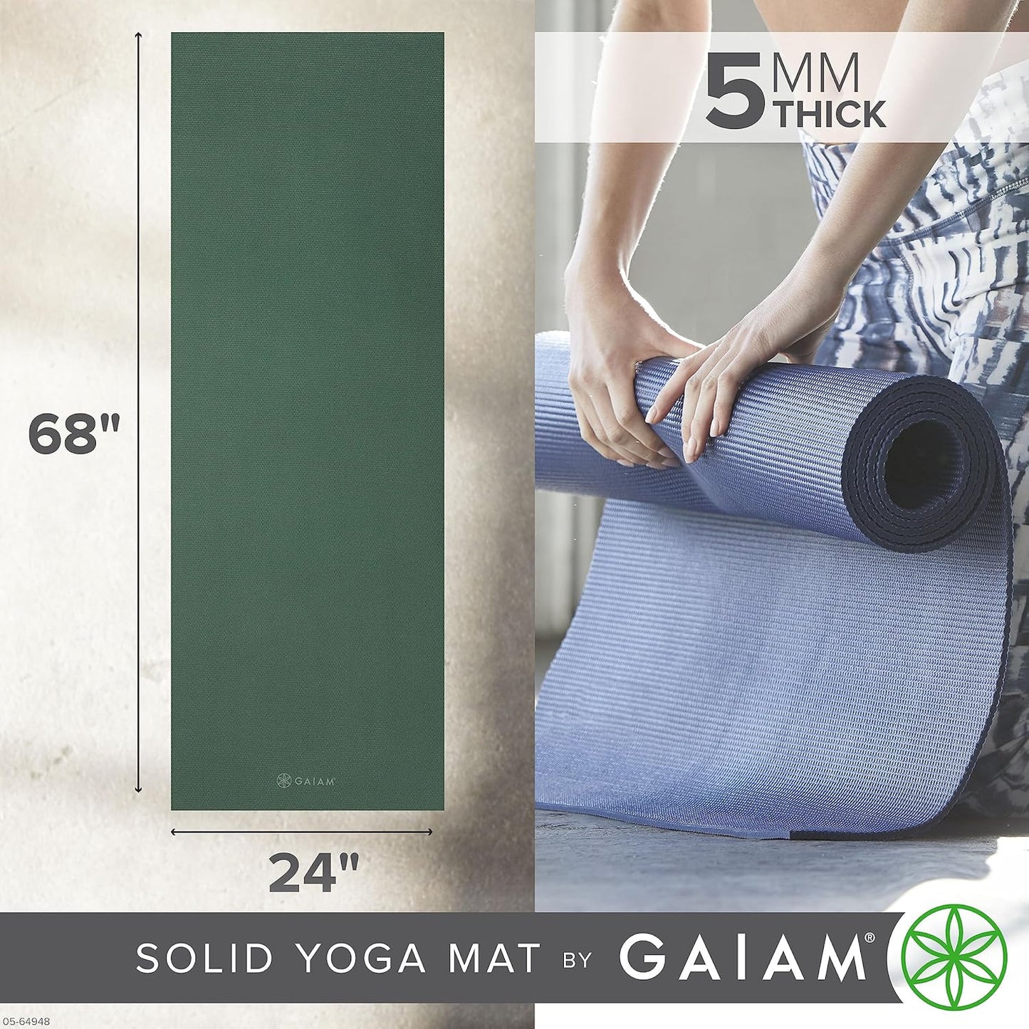 Gaiam Yoga Mat - Premium 5mm Solid Thick Non Slip Exercise & Fitness Mat for All Types of Yoga, Pilates & Floor Workouts (68" x 24" x 5mm)