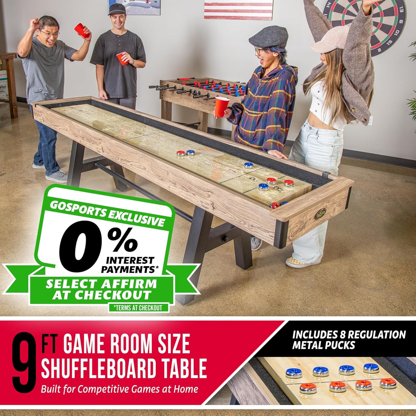 GoSports Premium 9 ft Shuffleboard Table with 8 Pucks, Shuffleboard Wax, and Brush