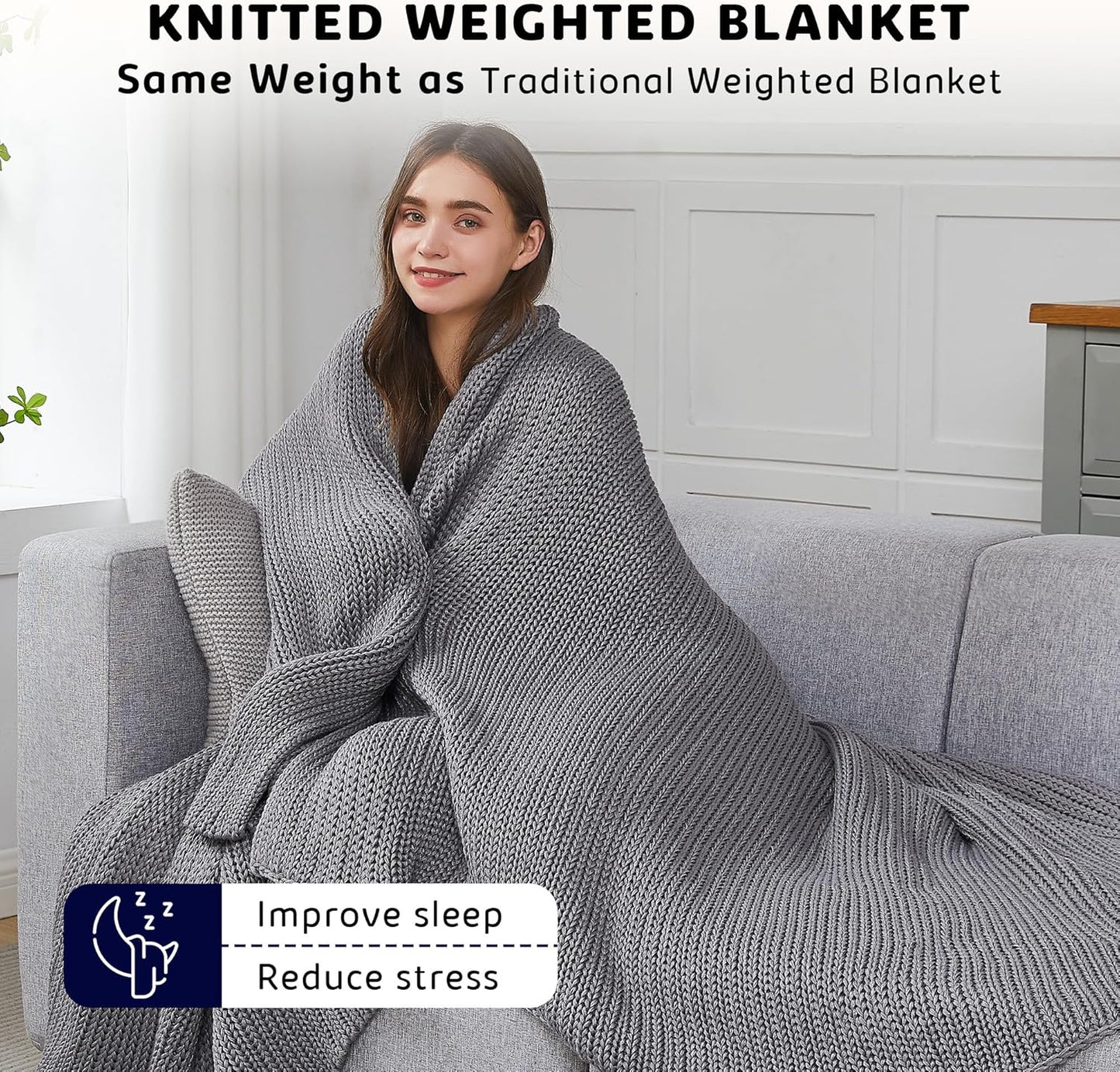 L'AGRATY Knitted Weighted Blanket - 50"x60" 7lbs Cooling Chunky Knit Heavy Blanket for Adults Braided Crochet Throw Thick Cable Yarn Knit Decorative No Beads Evenly Weighted Machine Washable