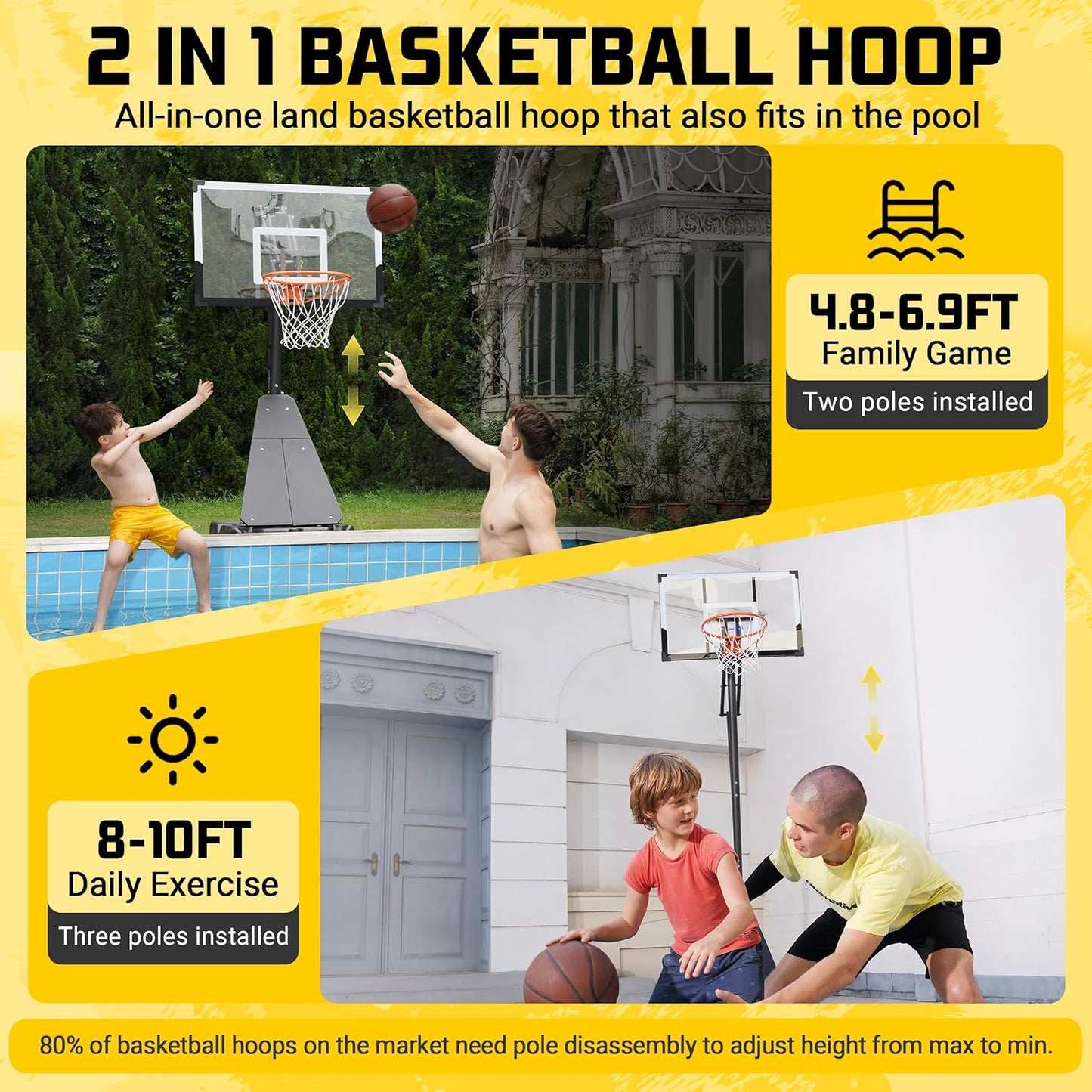 Aimking Basketball Hoop Outdoor 3.3-10FT 5s-Rapid-Adjustable, 40/44 inch Shatterproof Backboard & Enlarged Base, Portable Basketball Hoop & Goal for Kids/Adults/Families in Poolside/Backyard/Indoor