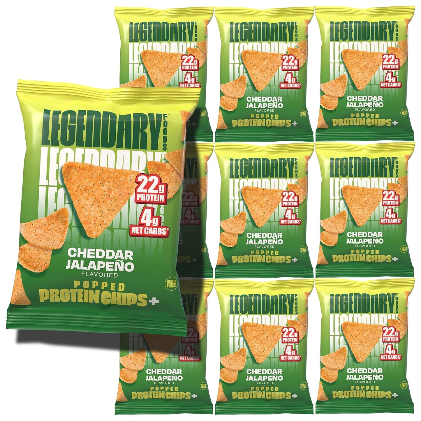 Legendary Foods Cheddar Jalapeño Protein Chips – Popped Tortilla Style – 22g High Protein, 4g Net Carbs, Low Sugar, Gluten Free, Keto Snack Packs – 10 Count – Healthy Crunchy Chips