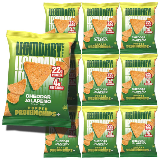 Legendary Foods Cheddar Jalapeño Protein Chips – Popped Tortilla Style – 22g High Protein, 4g Net Carbs, Low Sugar, Gluten Free, Keto Snack Packs – 10 Count – Healthy Crunchy Chips