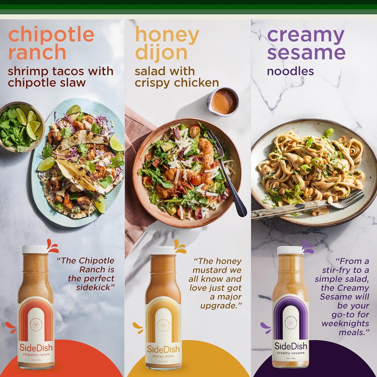 SideDish Salad Dressing Variety Pack (Pack of 3) – Chipotle Ranch, Creamy Sesame, Honey Dijon Made w/Avocado Oil – Healthy, Dairy & Gluten Free Cooking Sauces – Whole30 Dressing for Dips, Sauces