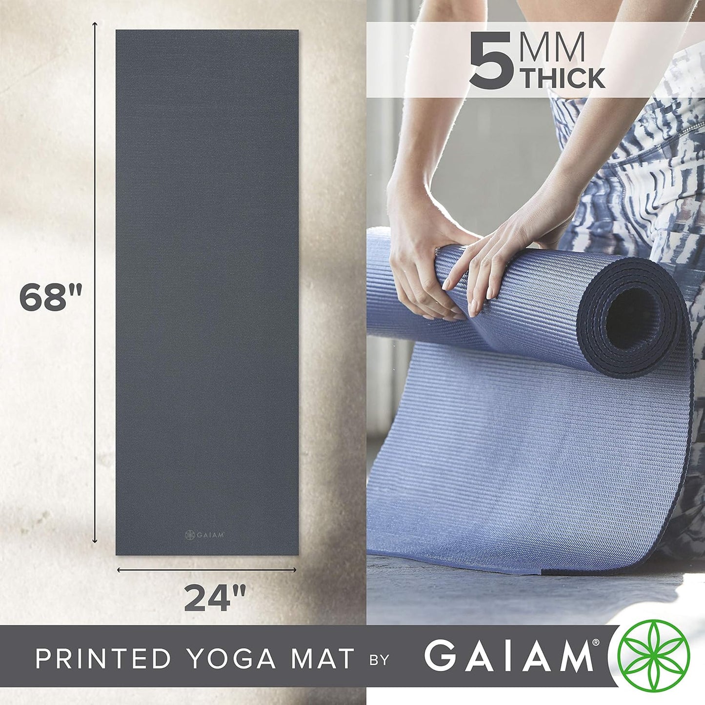Gaiam Yoga Mat - Premium 5mm Solid Thick Non Slip Exercise & Fitness Mat for All Types of Yoga, Pilates & Floor Workouts (68" x 24" x 5mm)