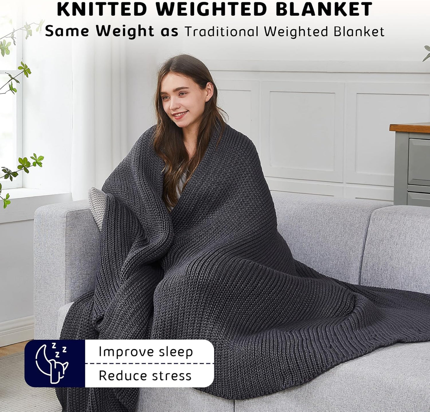 L'AGRATY Knitted Weighted Blanket - 48"x72" 15lbs Cooling Chunky Knit Heavy Blanket for Adults Braided Crochet Throw Thick Cable Yarn Knit Decorative No Beads Evenly Weighted Machine Washable