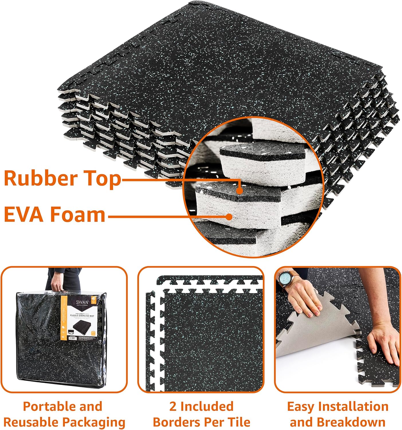 Sivan Fitness 1/2" Thick Rubber Top High-Density EVA Foam Gym Flooring for Home Gym - 48 Sq Ft Exercise Mat Tiles for Workout, Yoga, MMA, Heavy Exercise Equipment Mat - 12 Interlocking Gym Floor Mat