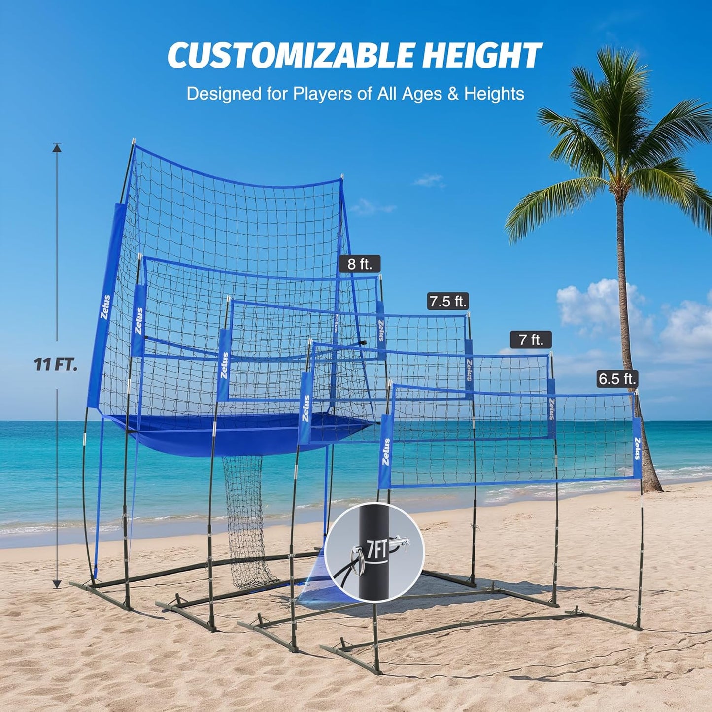 ZELUS Volleyball Training Equipment, 11x8 ft Volleyball Practice Net Station with Adjustable Height & Ball Return