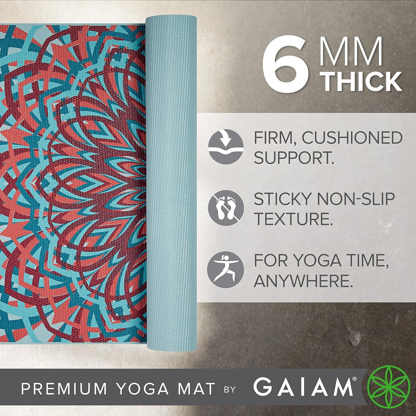 Gaiam Yoga Mat - Premium 6mm Print Extra Thick Non Slip Exercise & Fitness Mat for All Types of Yoga, Pilates & Floor Workouts (68"L x 24"W x 6mm Thick)