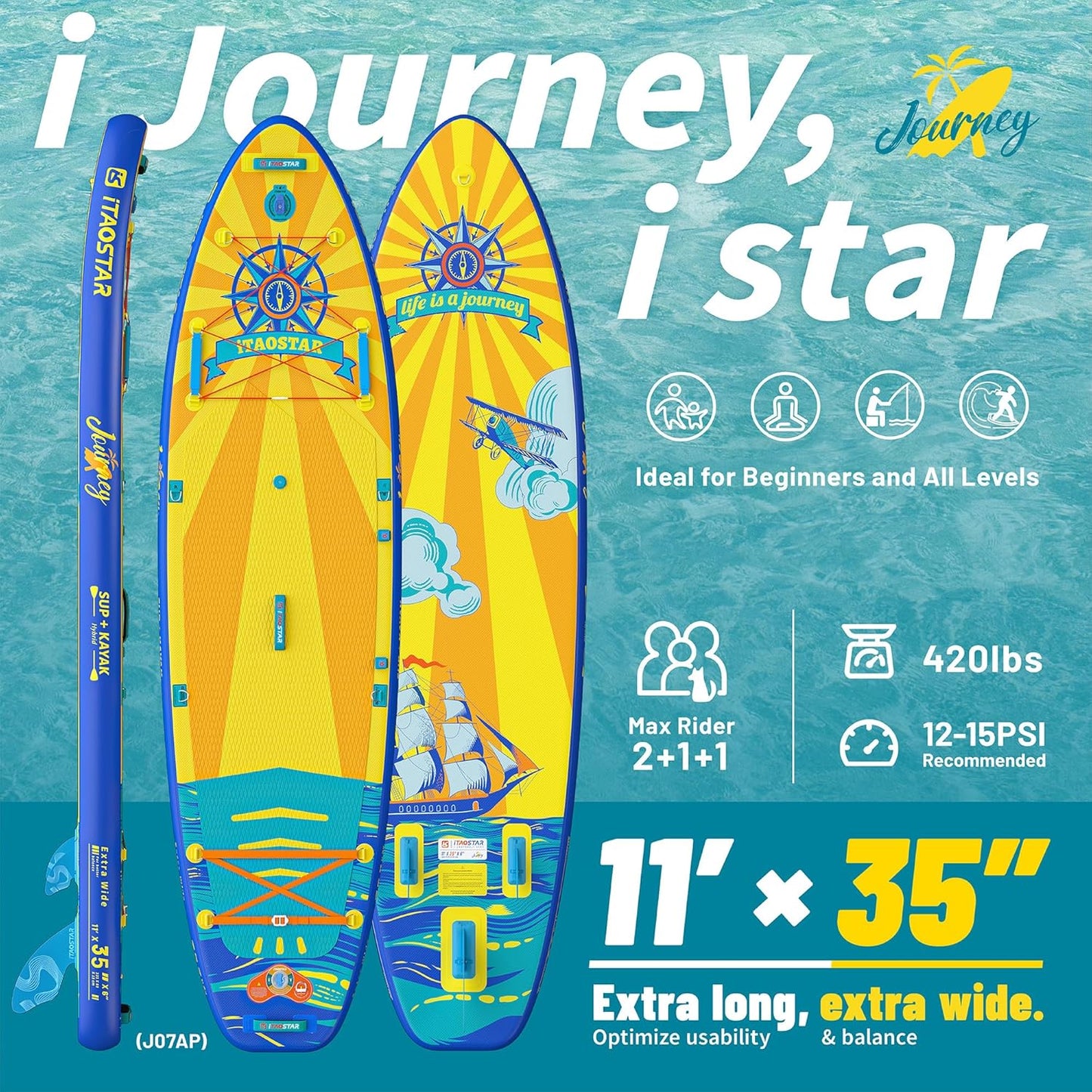 Journey 11'6" / 11'×34" / 11'×35" Extra Wide Paddle Board, One-Stop Premium SUP Board Accessories, Tailored Fins, Stable Inflatable Stand Up Paddle Boards for Youth/Adults of All Skill Levels