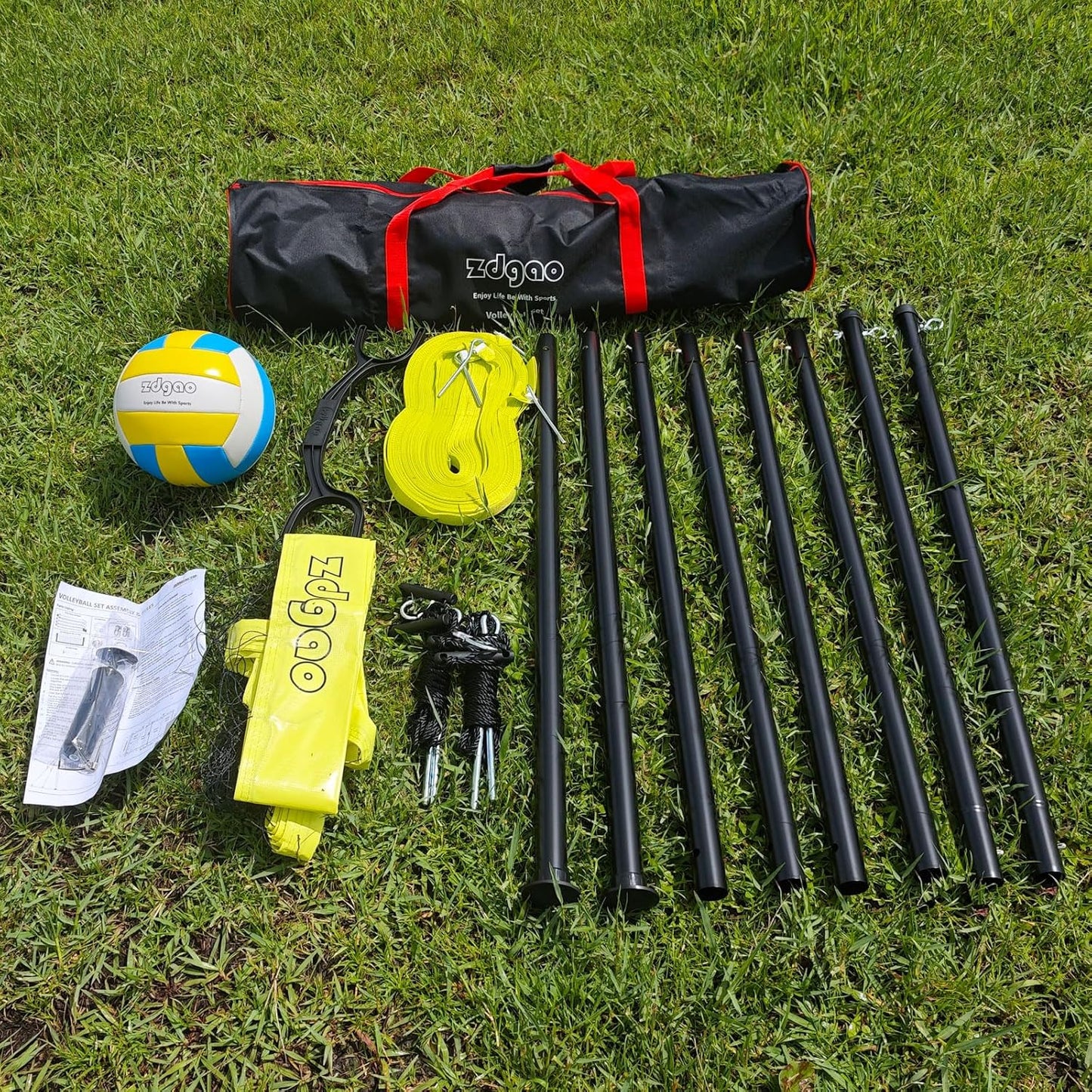 Outdoor Portable Volleyball Net System - Adjustable Height Poles with Soft Volleyball Ball, Pump, Hammer, Boundary Line, and Carry Bag for Backyard, Beach, Lawn