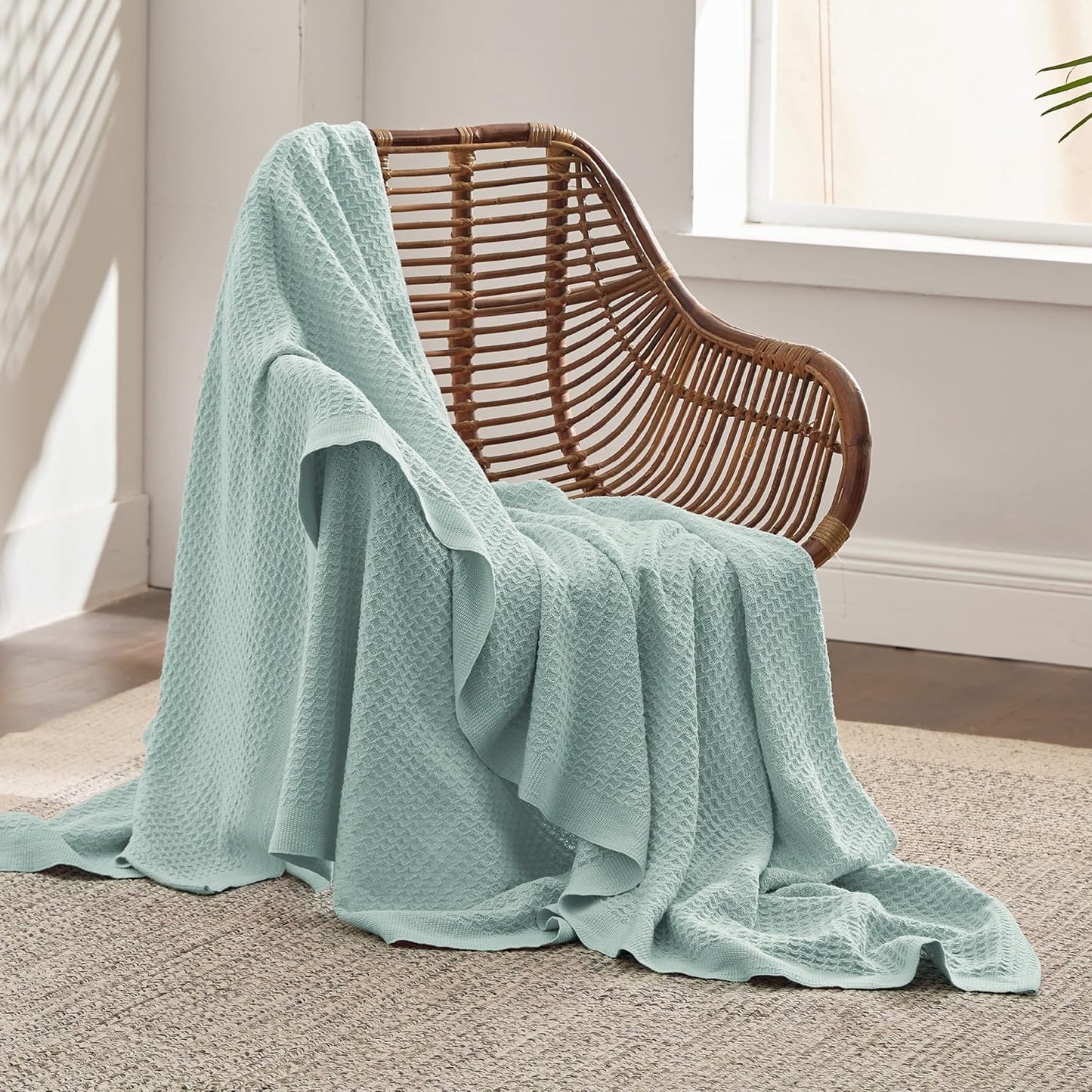 Bedsure 100% Cotton Blanket Twin XL Size for College Dorm - Breathable and Soft, Waffle Weave Twin Blanket for Summer, Dorm Room Essentials, Mint, 66x90 inches