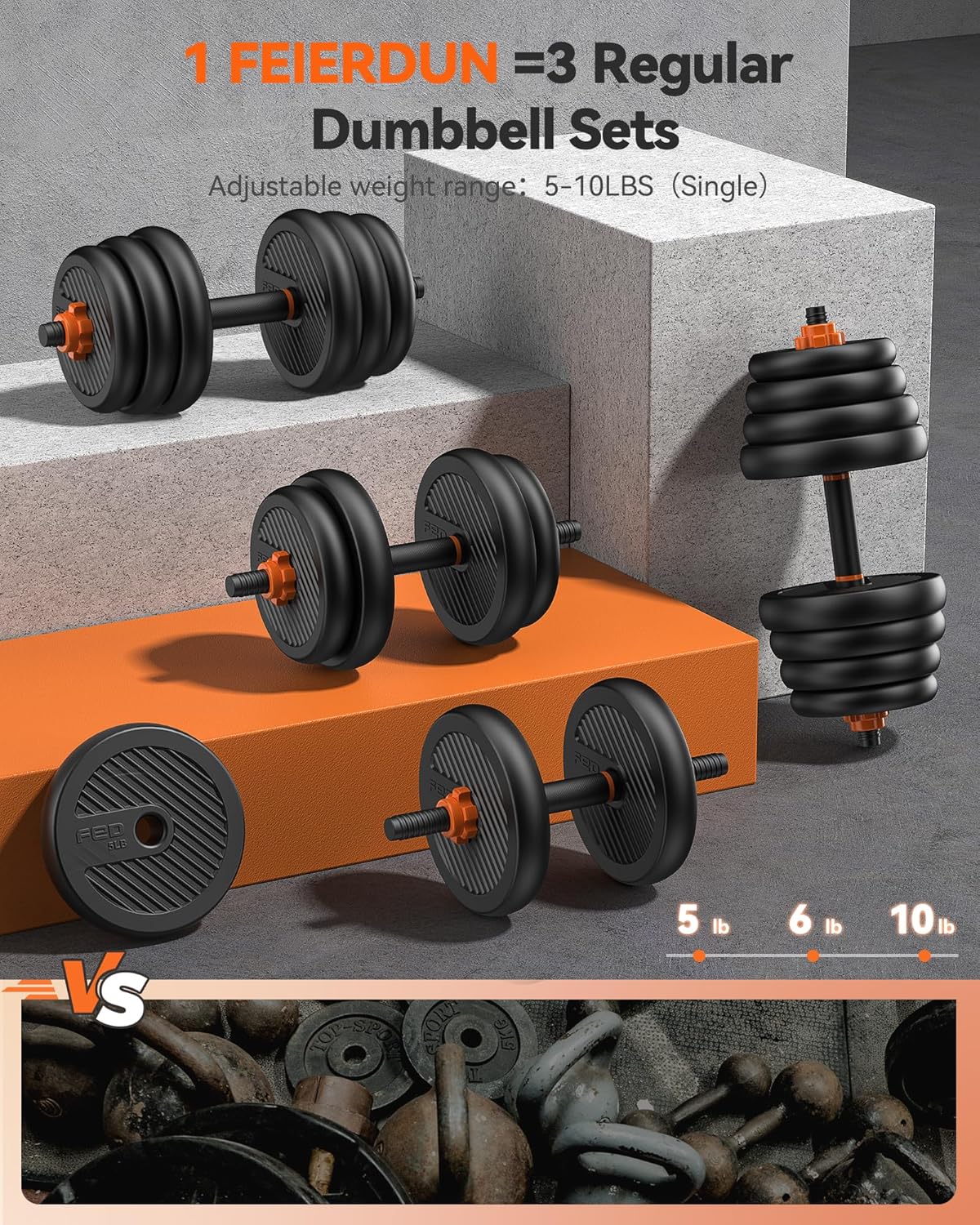 FEIERDUN Adjustable Dumbbells, 20/30/40/45/70/90lbs Free Weight Set with Connector, 5 in1 Dumbbells Set Used as Barbell, Kettlebells, Push up Stand, Weight Plate, Fitness Exercises for Home Gym Suitable Men/Women