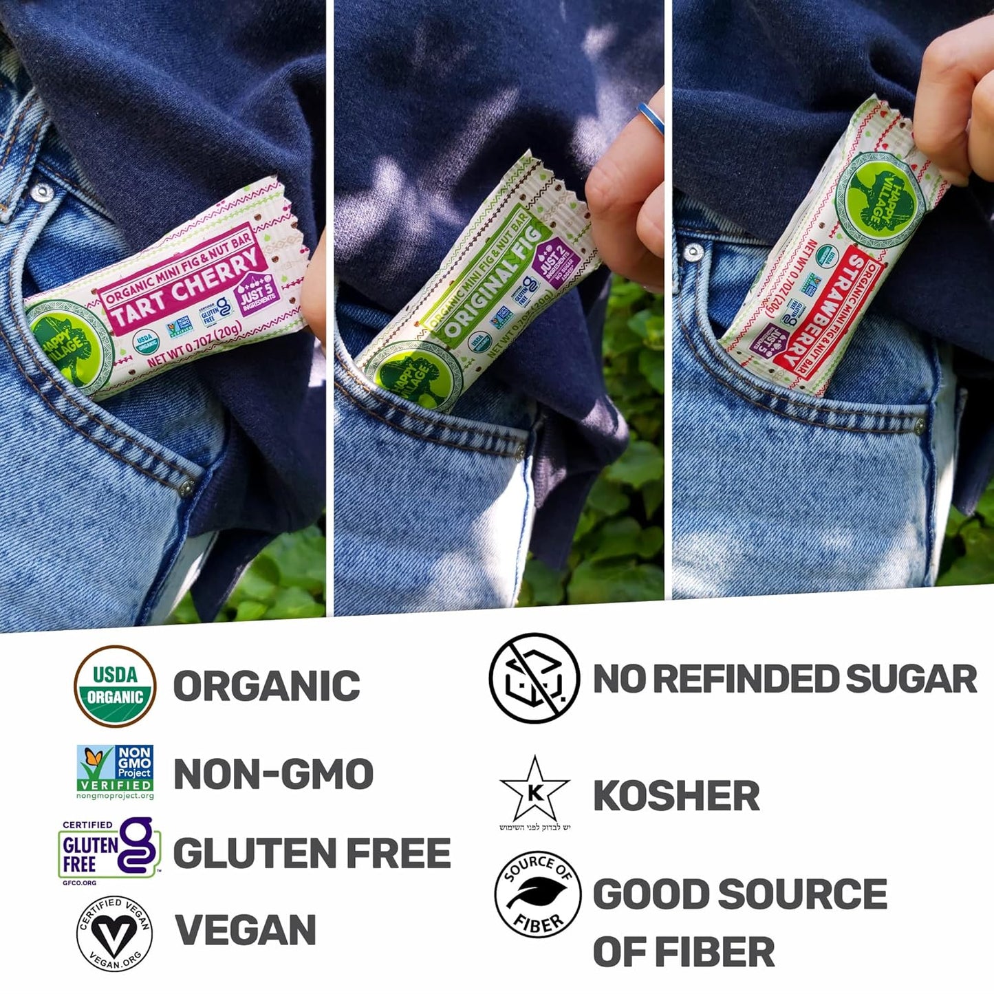 Happy Village Organic Mini Fig & Nut Bars, VARIETY (24 Packs, 0.7 OZ each), No Refined Sugar, Kosher, Non-GMO, Gluten Free, Vegan, Good Source of Fiber Snack Bars (8 Tart Cherry, 8 Fig, 8 Strawberry)