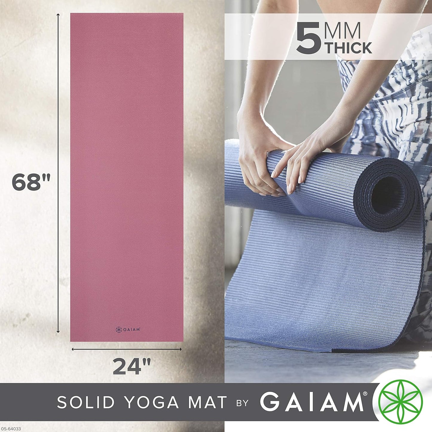 Gaiam Yoga Mat - Premium 5mm Solid Thick Non Slip Exercise & Fitness Mat for All Types of Yoga, Pilates & Floor Workouts (68" x 24" x 5mm)