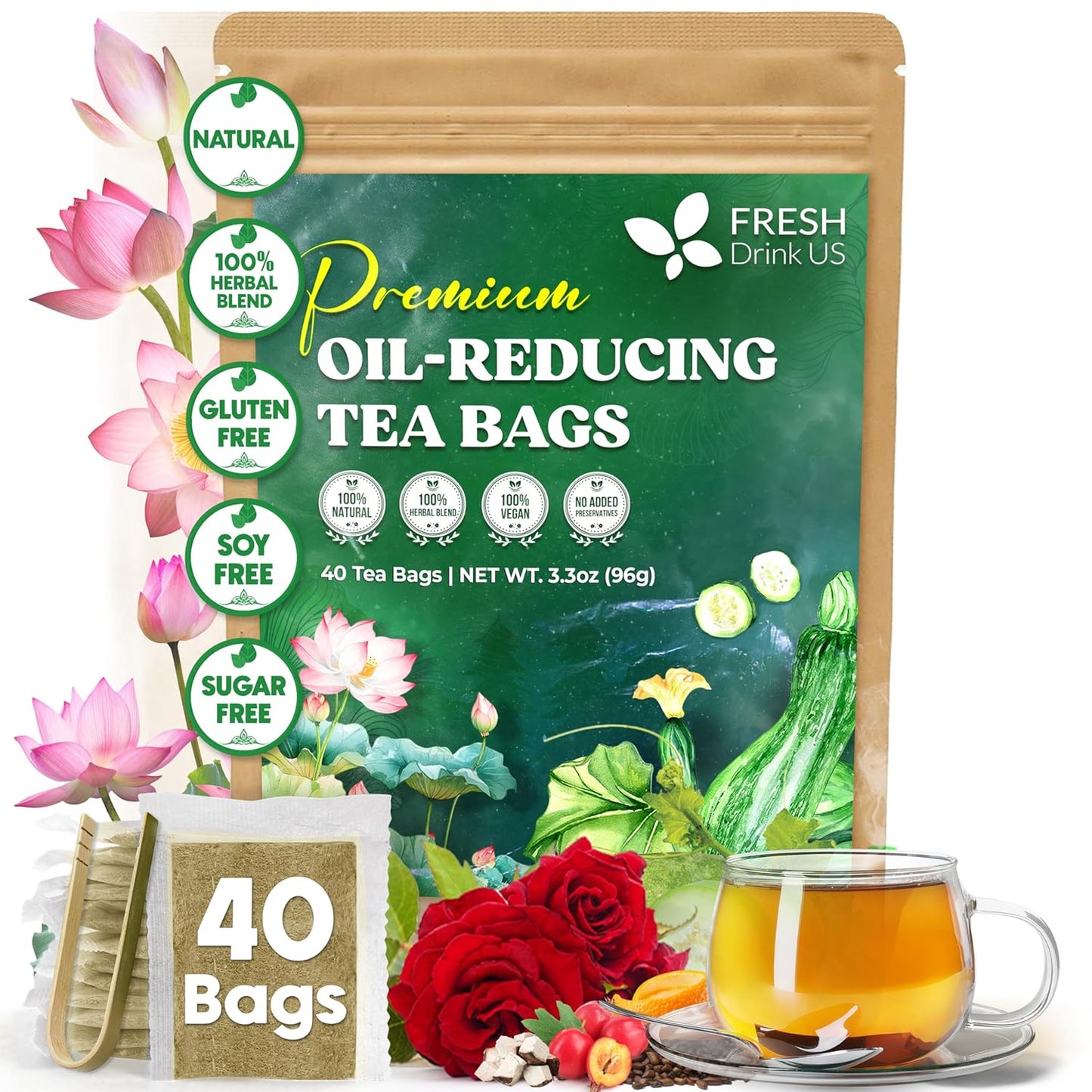 FreshDrinkUS, Oil-Reducing Herbal Tea – 40 Tea Bags | Blend of Winter Melon, Lotus Leaf, Ginger, Hawthorn, Gardenia Fruit, Rose, Cassia Seed & More | Naturally Caffeine-Free | Delicious Hot or Iced