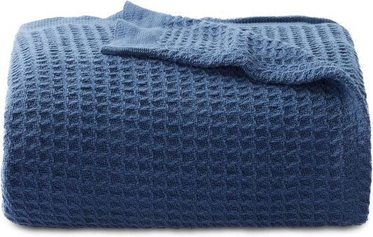 Bedsure 100% Cotton Blanket Twin XL Size for College Dorm - Breathable and Soft, Waffle Weave Twin Blanket for Summer, Dorm Room Essentials, Navy, 66x90 inches