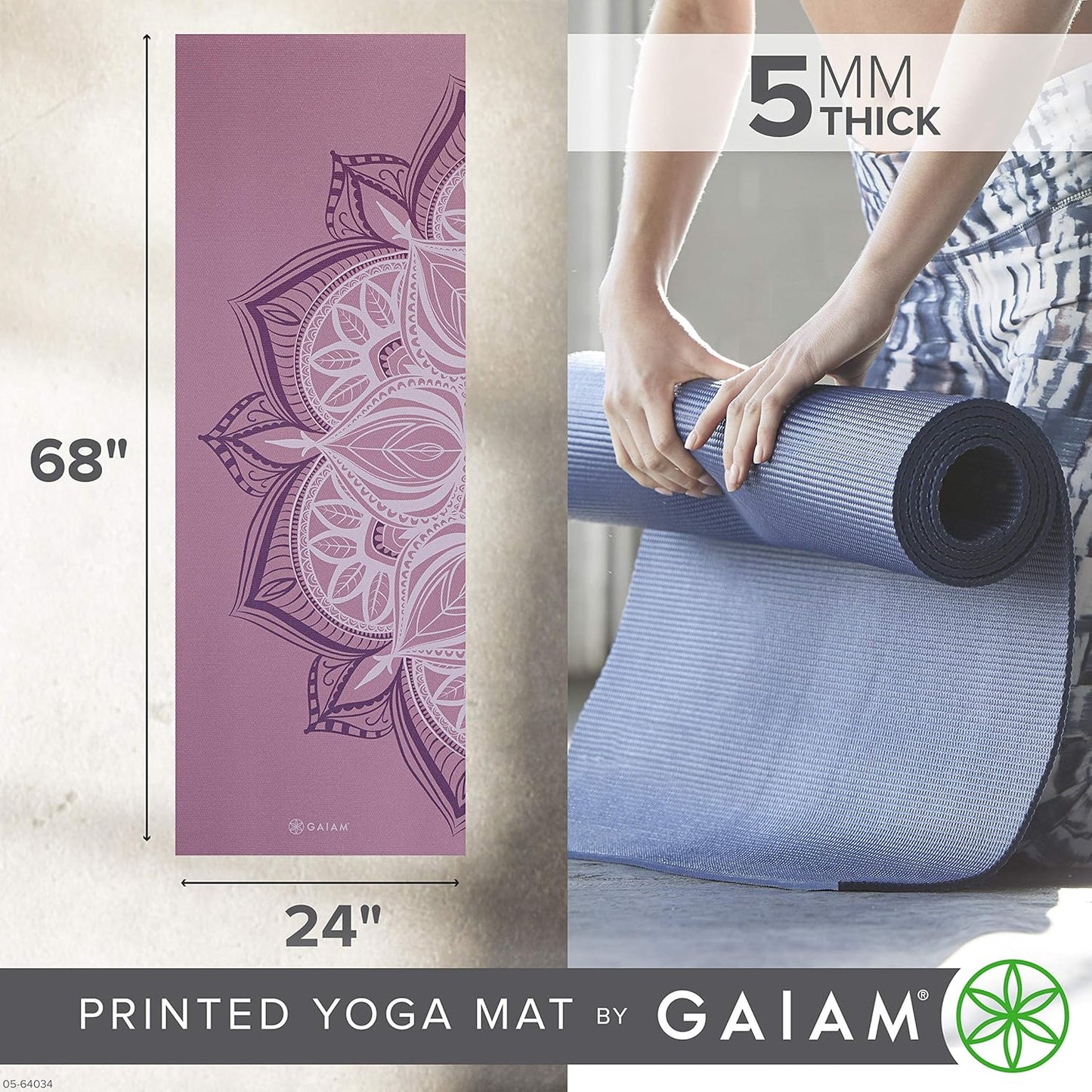 Gaiam Yoga Mat - Premium 5mm Print Thick Non Slip Exercise & Fitness Mat for All Types of Yoga, Pilates & Floor Workouts (68" x 24" x 5mm)
