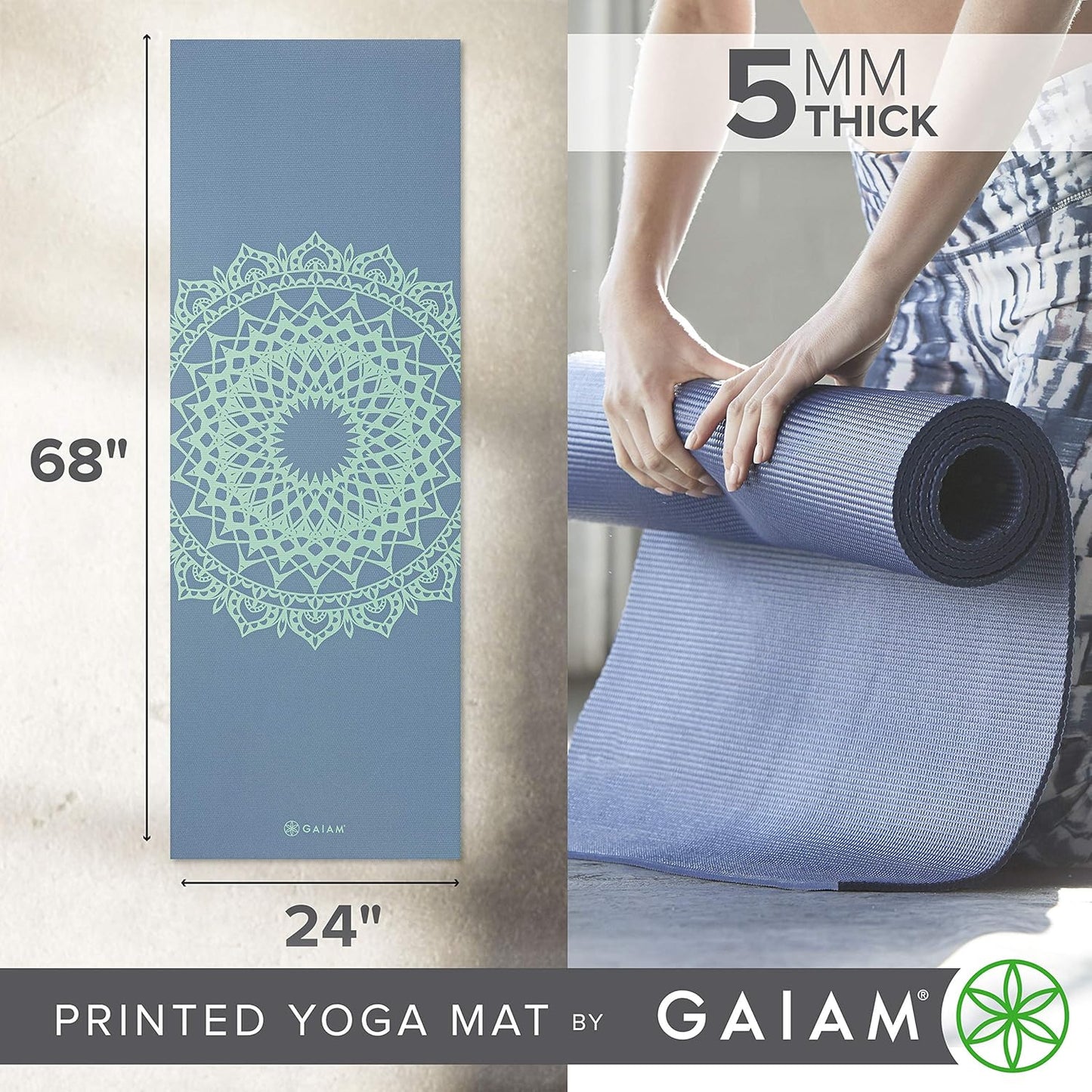 Gaiam Yoga Mat - Premium 5mm Print Thick Non Slip Exercise & Fitness Mat for All Types of Yoga, Pilates & Floor Workouts (68" x 24" x 5mm)