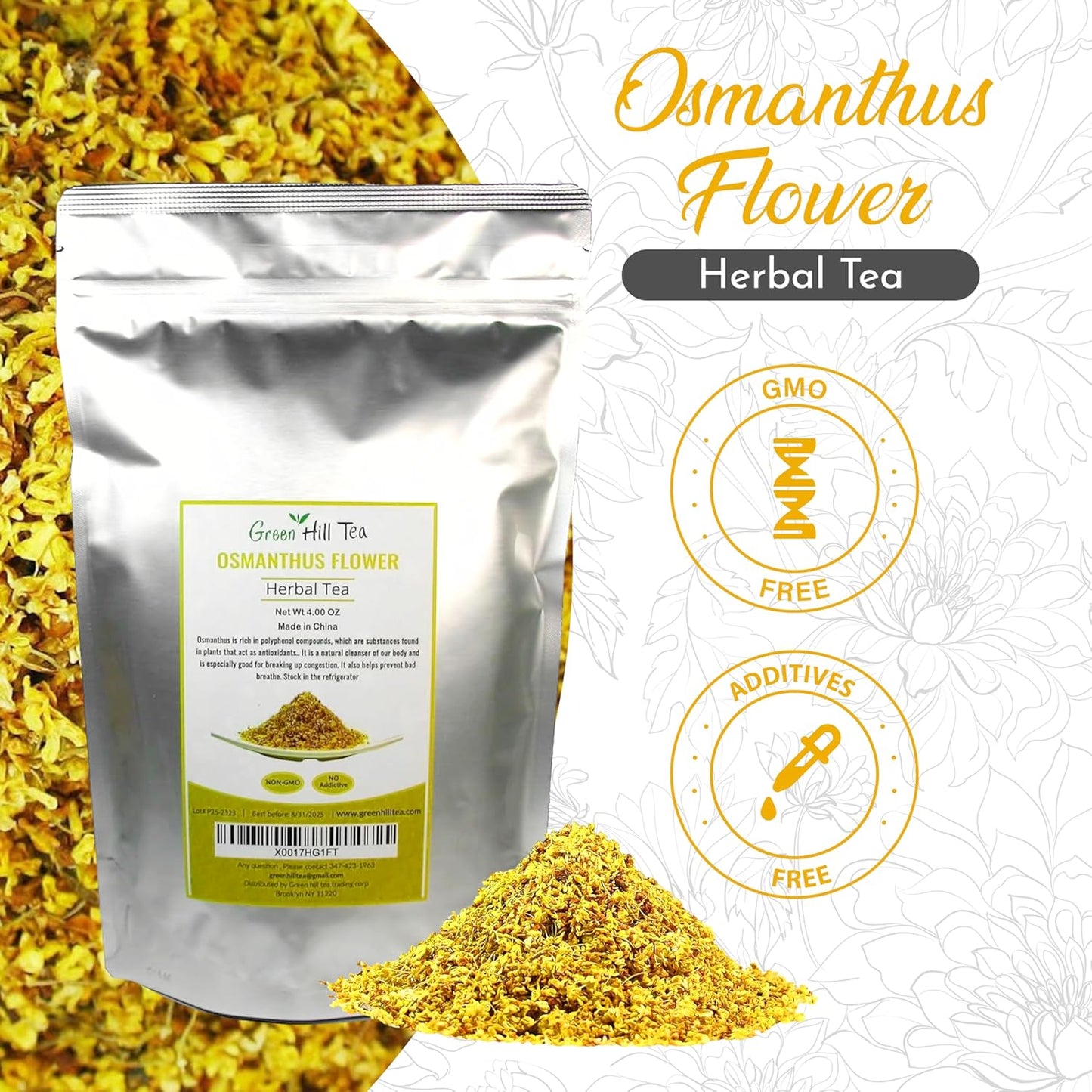 Green Hill Tea Osmanthus Flower Dried – Premium– Fragrant Osmanthus Dried Flowers -Loose Leaf Osmanthus Tea – 100% Pure, Natural, Non-GMO – Great for Brewing, Baking & Infusions 4 OZ