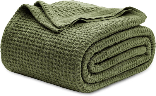 Bedsure 100% Cotton Blanket Queen Size for Bed - Breathable and Soft, Waffle Weave Blanket for Summer, Thick Cozy Fall Blankets for Women Gift, Olive Green, 90x90 Inches