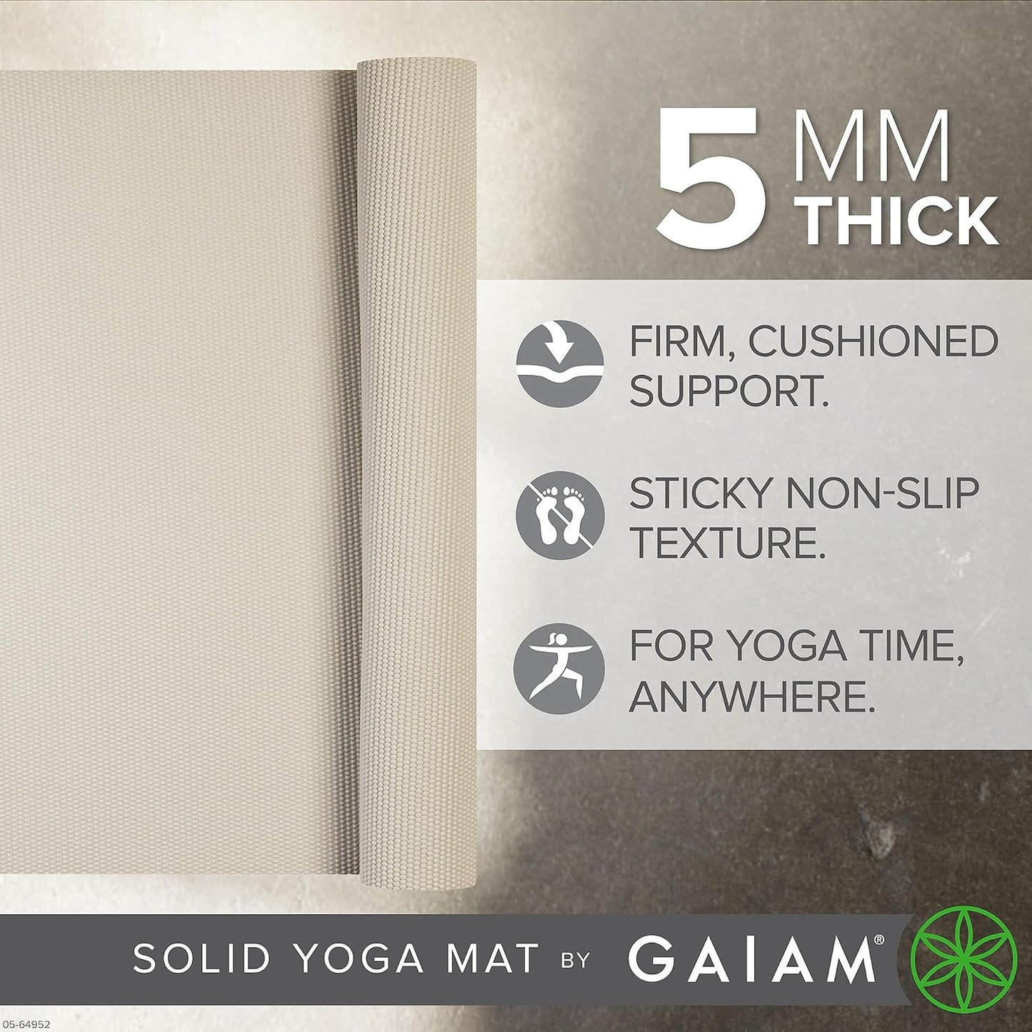 Gaiam Yoga Mat - Premium 5mm Solid Thick Non Slip Exercise & Fitness Mat for All Types of Yoga, Pilates & Floor Workouts (68" x 24" x 5mm)