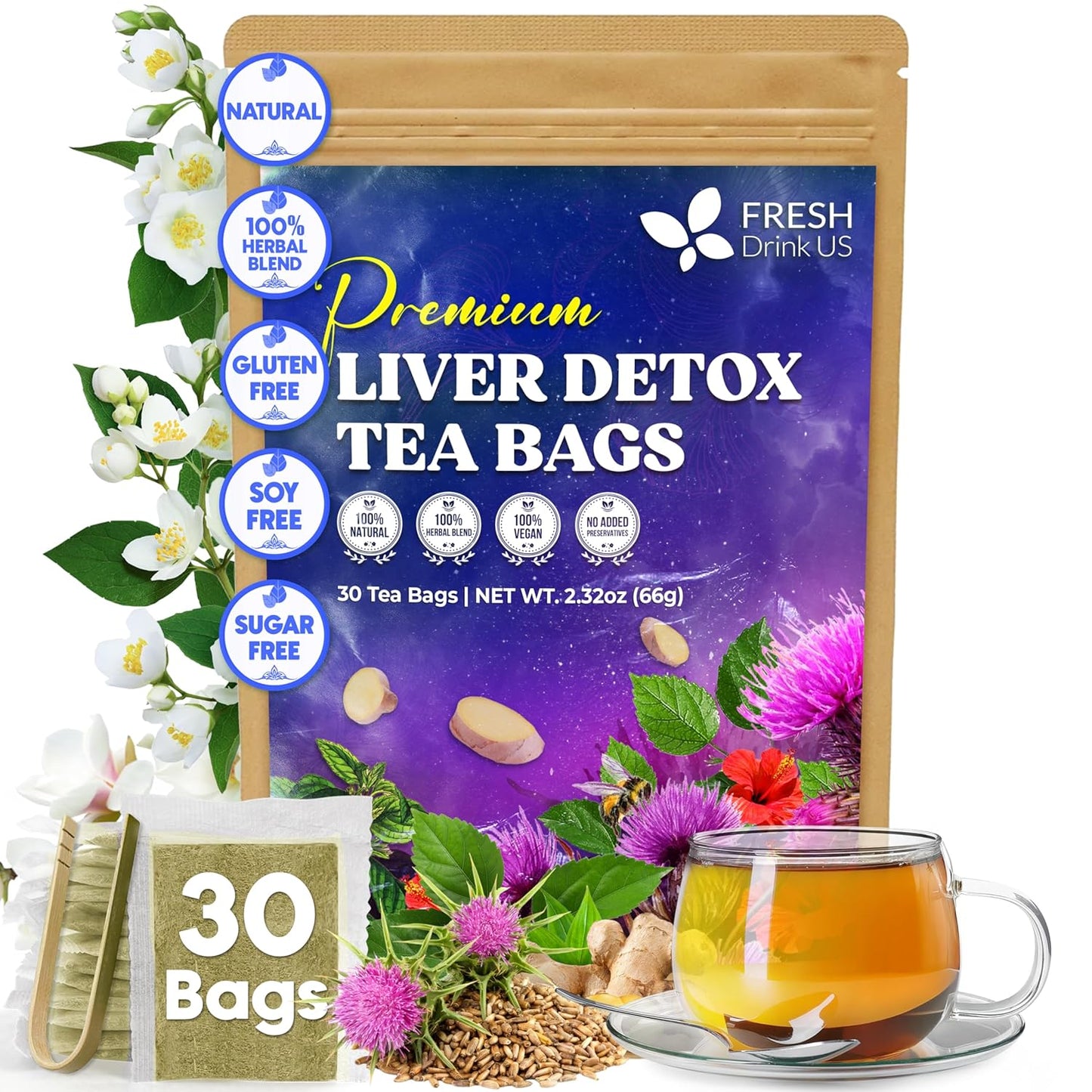 FreshDrinkUS, Premium Liver Herbal Detox Tea – Strong Blend Of Milk Thistle, Hibiscus, Peppermint & Ginger | Fennel, Lemongrass & Orange Peel with Stevia | Vibrant Caffeine-Free Botanical Blend