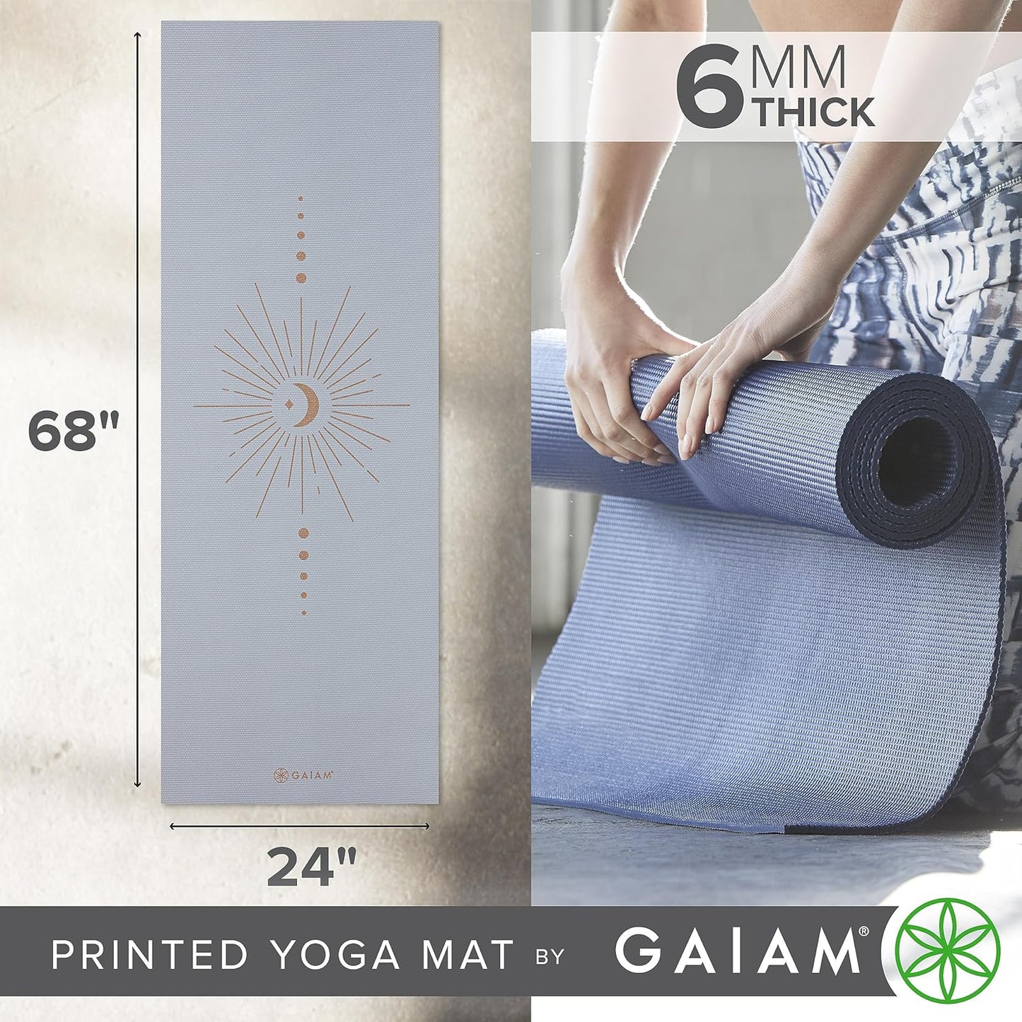 Gaiam Yoga Mat - Premium 6mm Print Extra Thick Non Slip Exercise & Fitness Mat for All Types of Yoga, Pilates & Floor Workouts (68"L x 24"W x 6mm Thick)