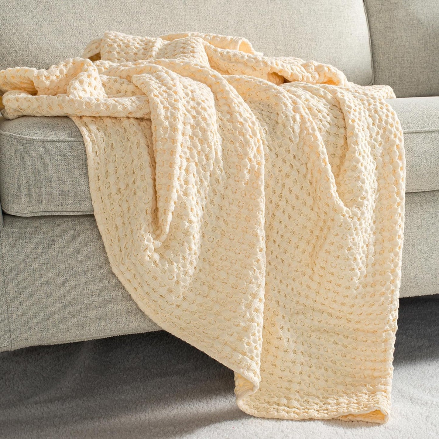Carriediosa 100% Cotton Waffle Weave Blanket 400GSM Breathable Thermal Blankets for Bed Couch Sofa Soft and Cozy Throws for All Season Home Decor, 50"X 60" Light Yellow