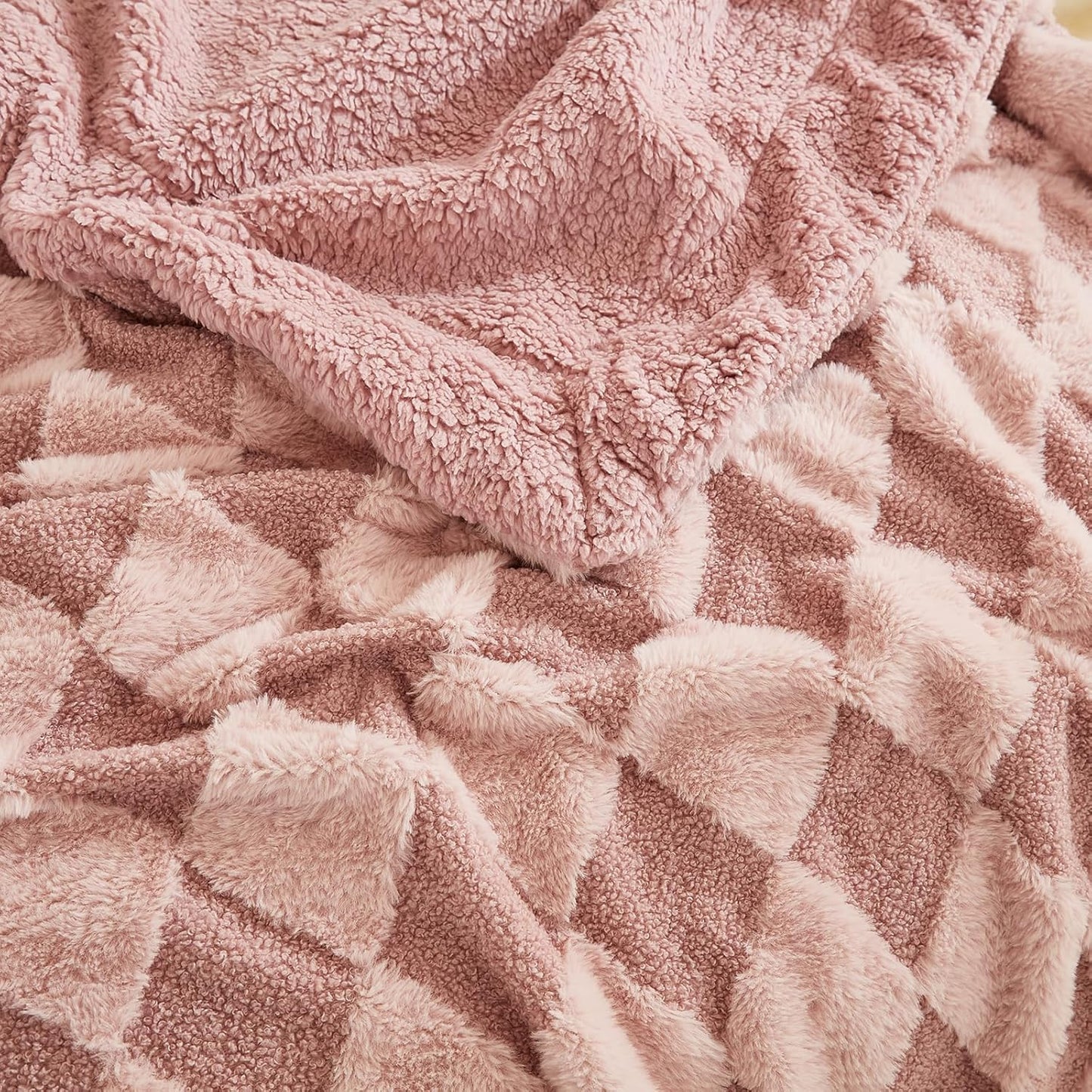 PU MEI Luxury Faux Fur Rabbit Fur Throw Blanket Pink 90"x80",Plush Reversible Sherpa Blankets,Queen Fuzzy Elegant Blanket Thick Throws for Bed,Washable Bedding Accent Blankets for Sofa Couch Chair