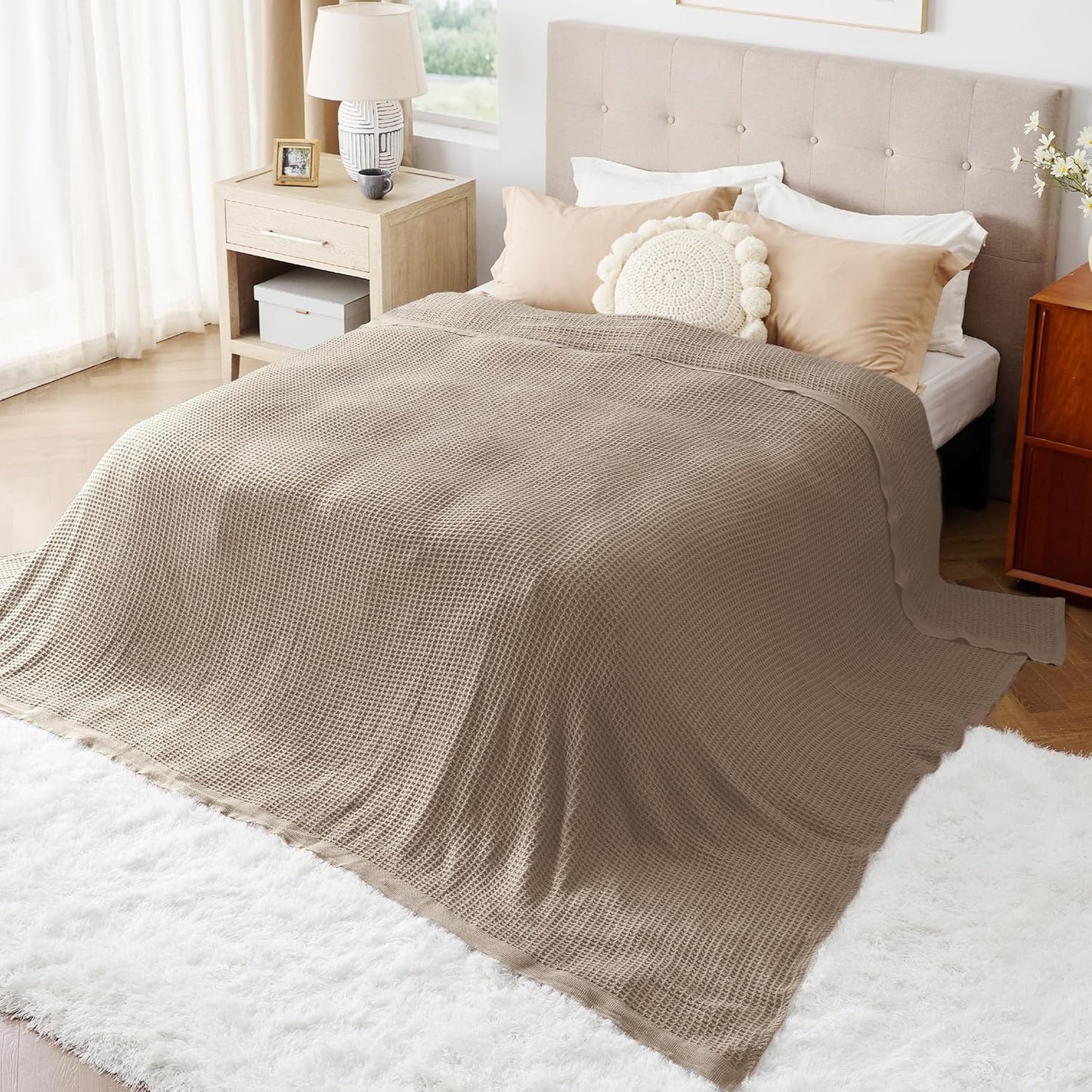 Bedsure 100% Cotton Large Blanket Oversized King for Bed - Breathable Thick Waffle Weave Blanket for Summer, Couch Cover, Taupe, 120x94 inches