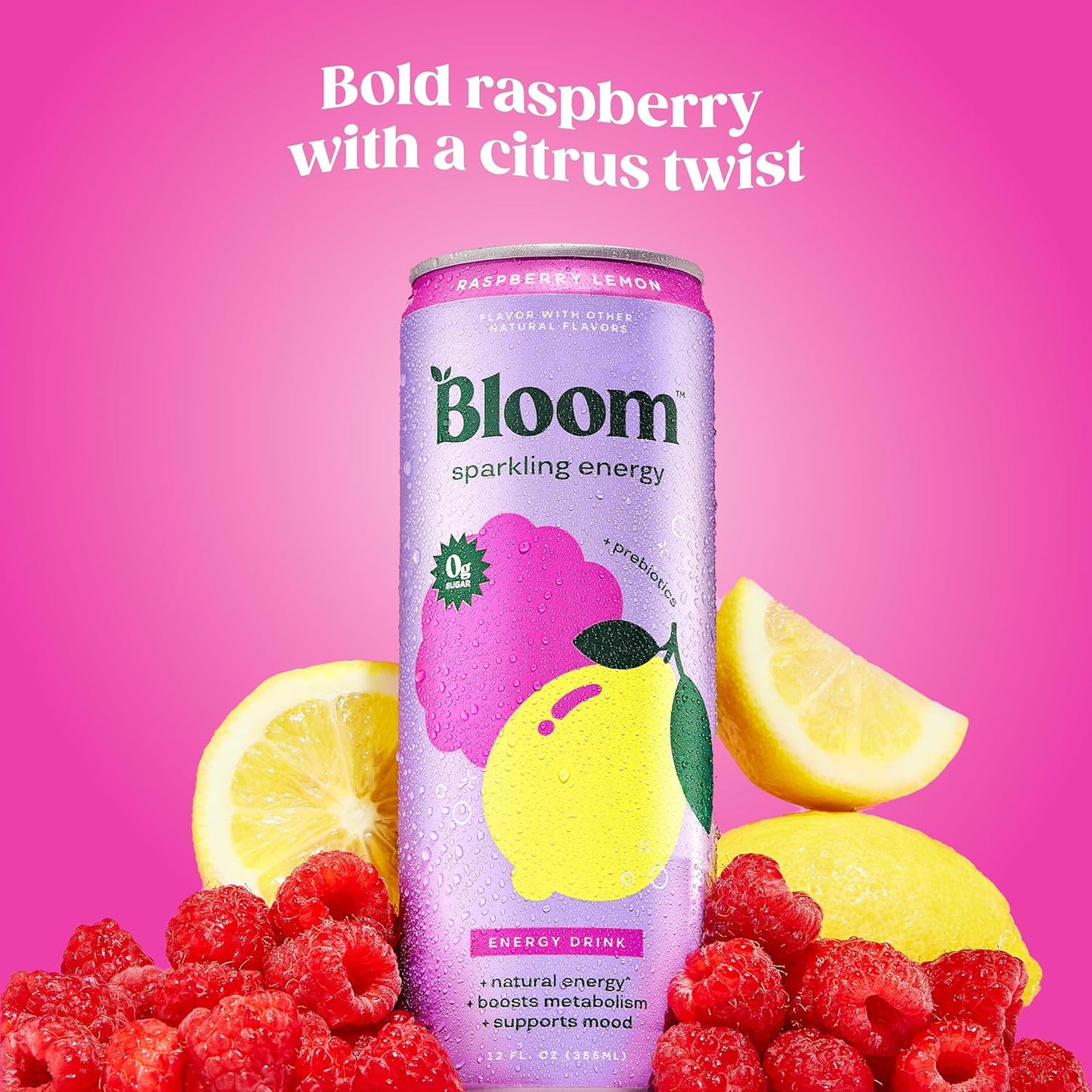 Bloom Nutrition Sparkling Energy Drink for Focus, Natural Caffeine, Zero Sugar, 180mg Caffeine, Antioxidant-Rich with Green Coffee Bean, Green Tea Extract, & Prebiotics, Raspberry Lemon 12oz 12 Pack