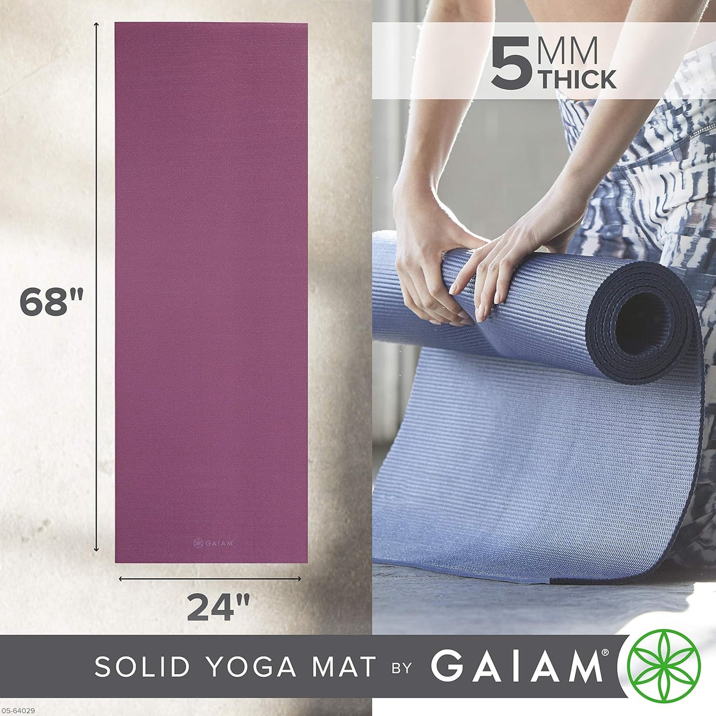 Gaiam Yoga Mat - Premium 5mm Solid Thick Non Slip Exercise & Fitness Mat for All Types of Yoga, Pilates & Floor Workouts (68" x 24" x 5mm)