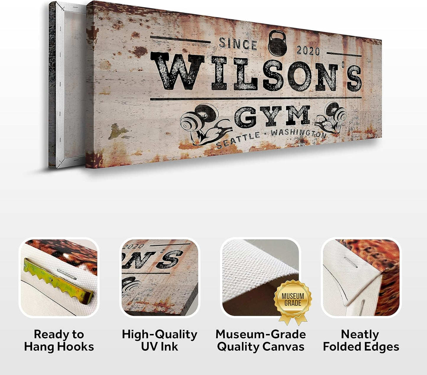 TAILORED CANVASES Personalized Gym Sign Wall Art Decor - Motivational Canvas s for Home Gym, Workout Room, Garage, Fitness Center - Workout Inspirational Posters - Kettlebell on Rustic, 36x12in