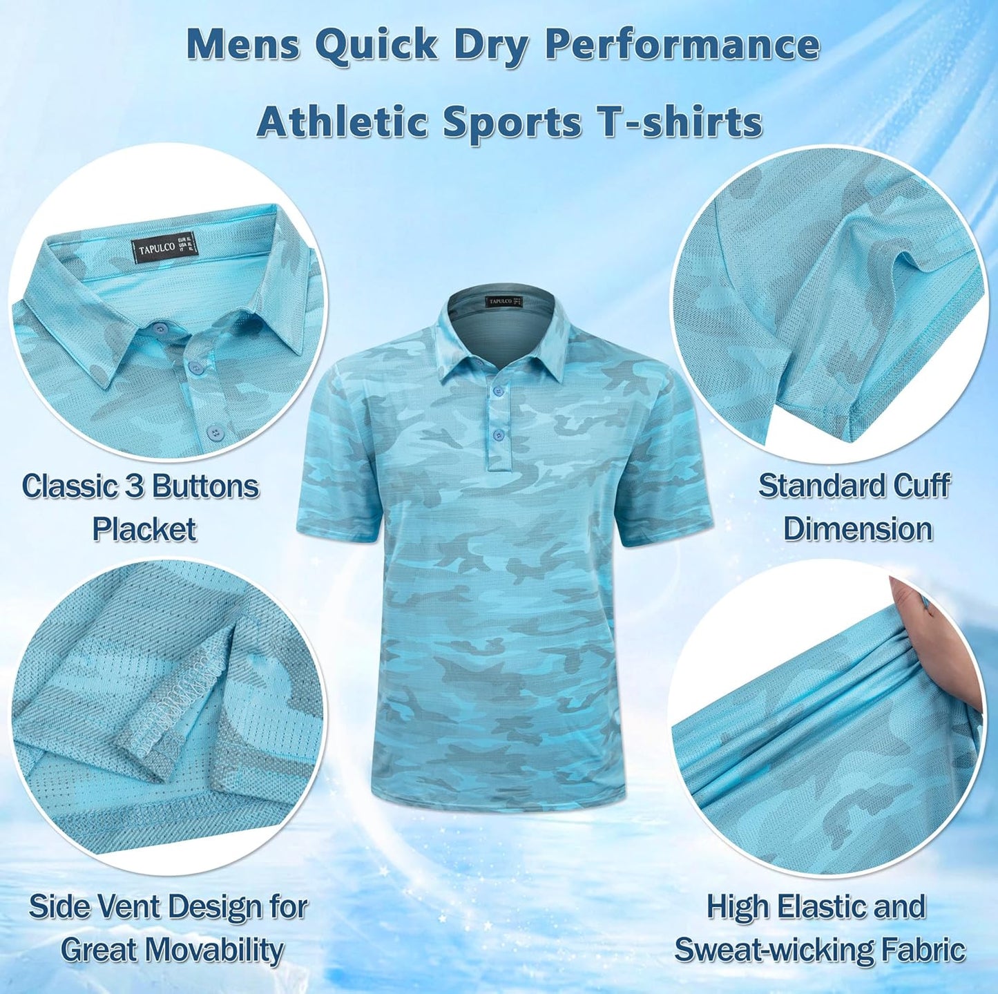 TAPULCO Mens Quick Dry Polo Shirts Camouflage Pattern Performance Athletic Lightweight Breathable Casual Golf Tshirts