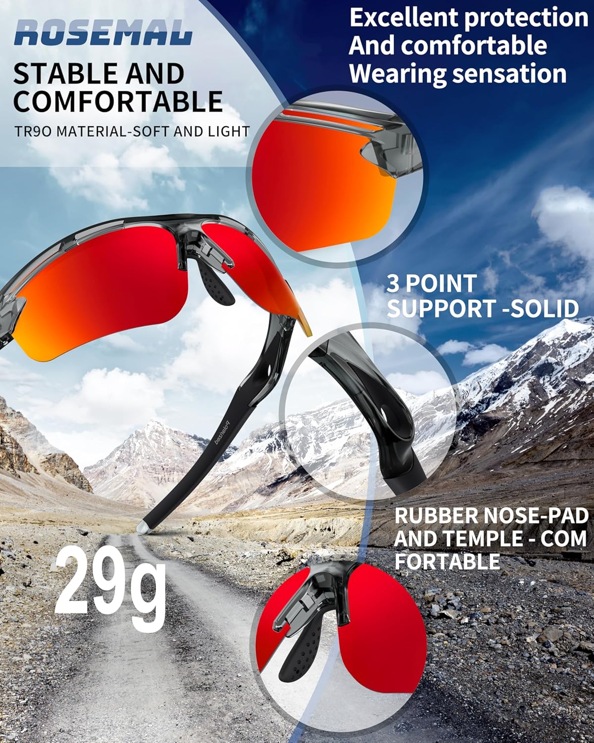 Polarized Sports Sunglasses for Men Women,UV400 Protection Sunglass for Running Cycling Fishing Hiking TR90