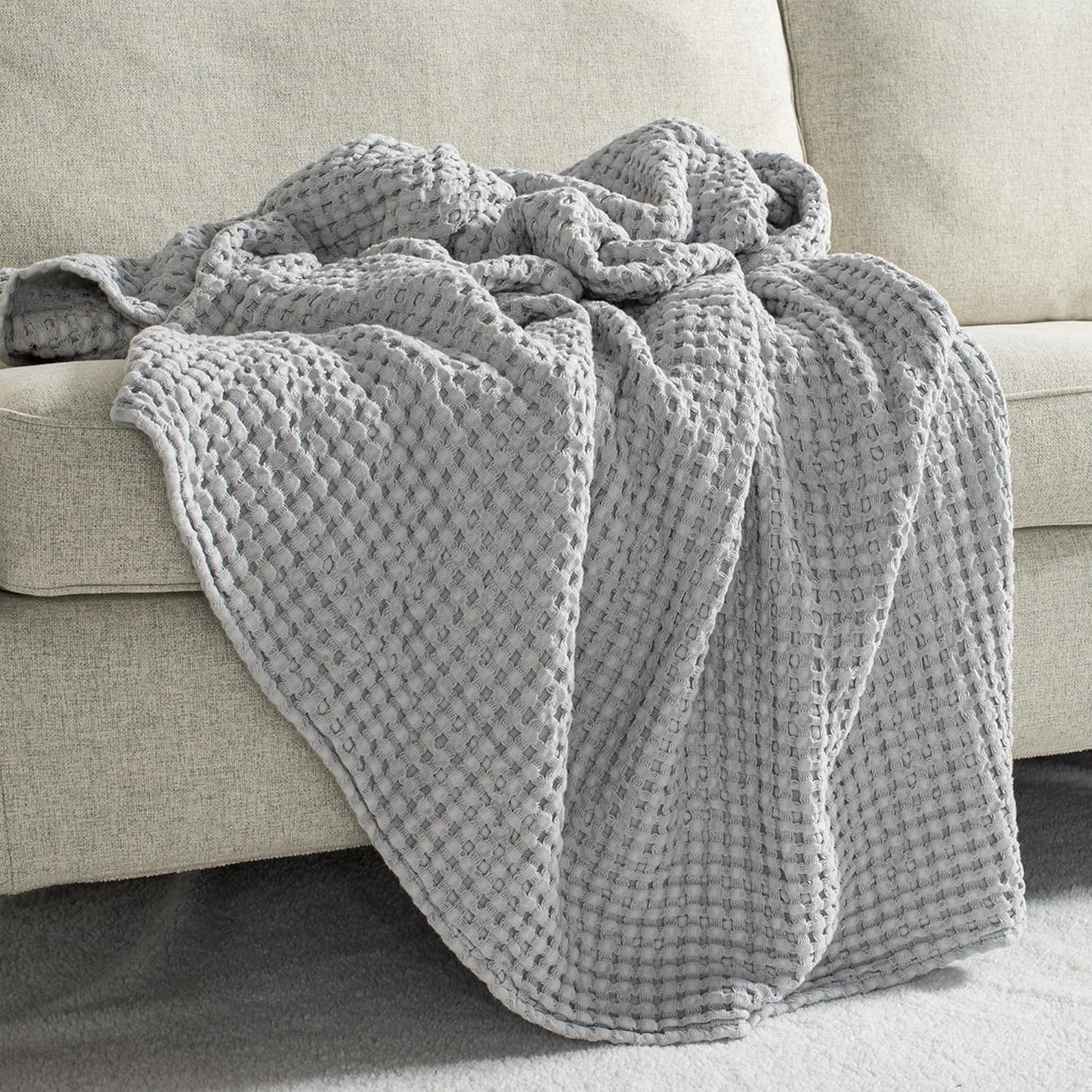 Carriediosa 100% Cotton Waffle Weave Blanket 400GSM Breathable Thermal Blankets for Bed Couch Sofa Soft and Cozy Throws for All Season Home Decor, 50"X 60" Light Grey