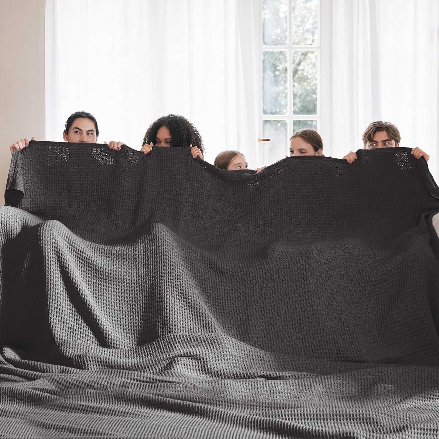 Bedsure 100% Cotton Large Blanket Oversized King for Bed - Breathable Thick Waffle Weave Blanket for Summer, Couch Cover, Dark Grey, 120x94 inches