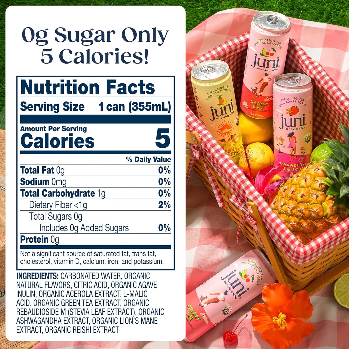 Juni Sparkling Adaptogen Drink with Ashwagandha, Lion’s Mane & Reishi Mushrooms | Green Tea for Focus, Zero Sugar, 5 Calories | Decaffeinated, Non Alcoholic Drinks - Yuzu Pineapple 12 pack