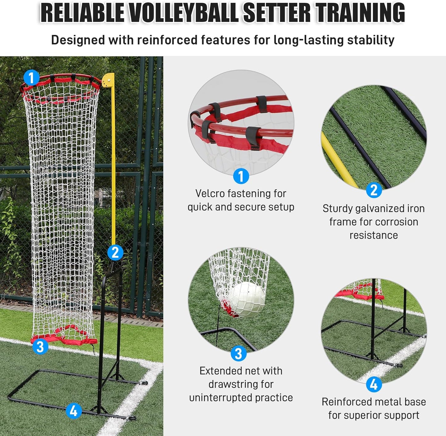 Volleyball Setter Training Equipment, Adjustable Volleyball Setting Trainer Net with 6 Angle and 5 Height Adjustments and 2 Rubber Wheels for Indoor Outdoor Practice