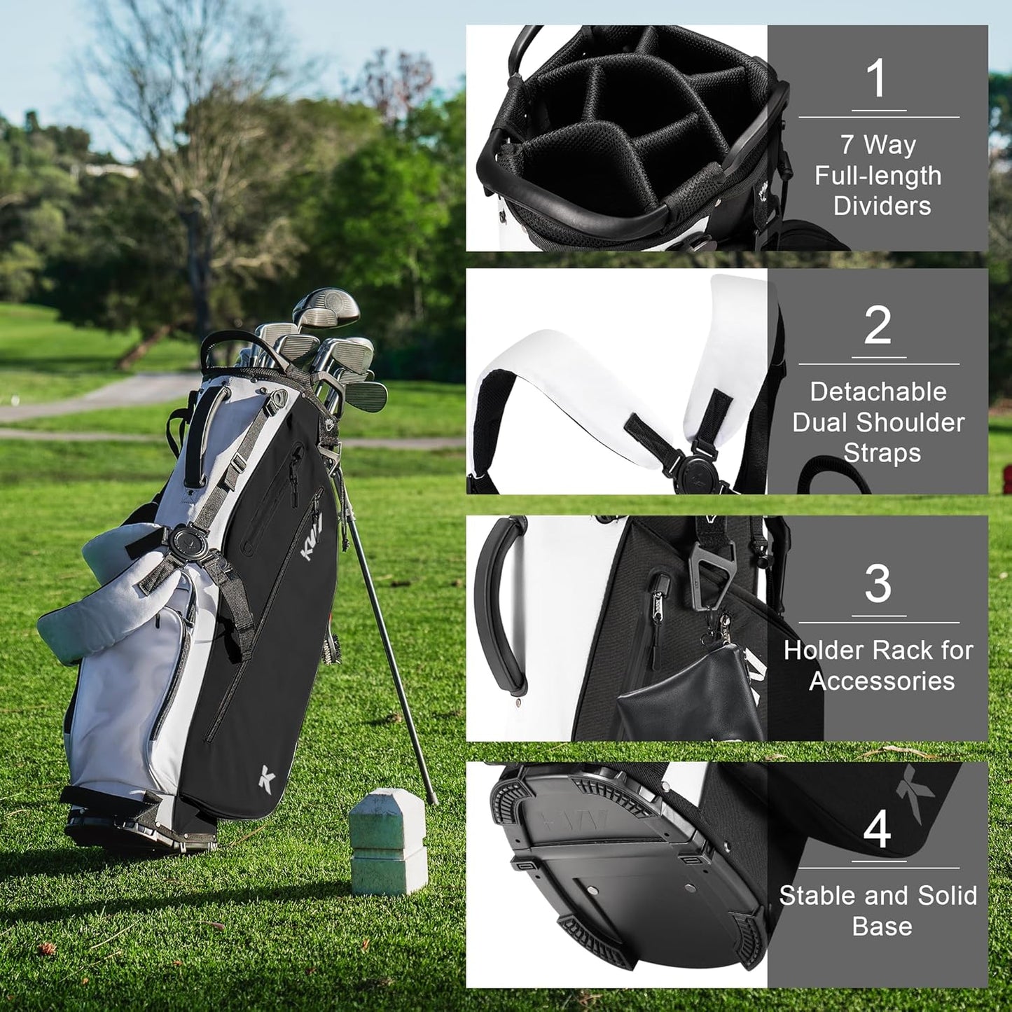 KVV Lightweight Golf Stand Bag with 7 Way Full-Length Dividers, 5 Zippered Pockets, Automatically Adjustable Dual Straps，Elegant Design