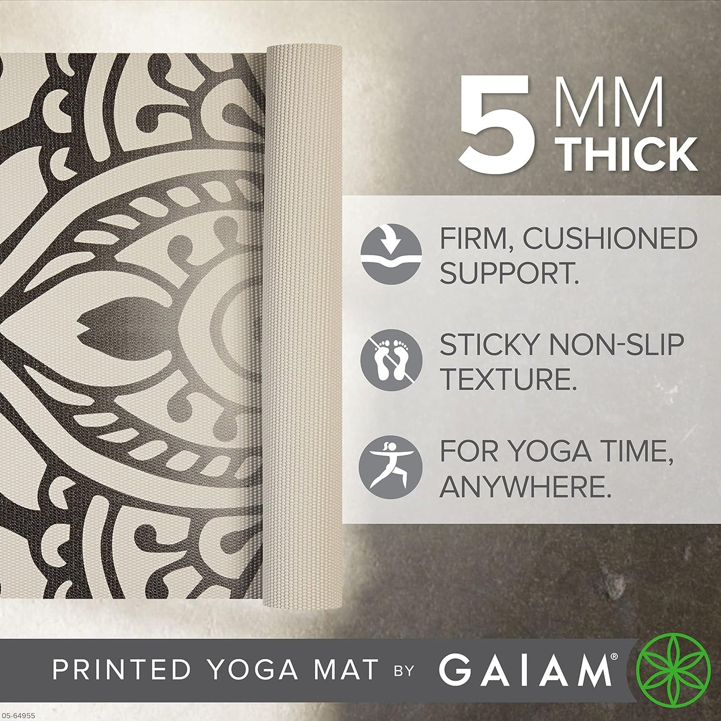 Gaiam Yoga Mat - Premium 5mm Print Thick Non Slip Exercise & Fitness Mat for All Types of Yoga, Pilates & Floor Workouts (68" x 24" x 5mm)