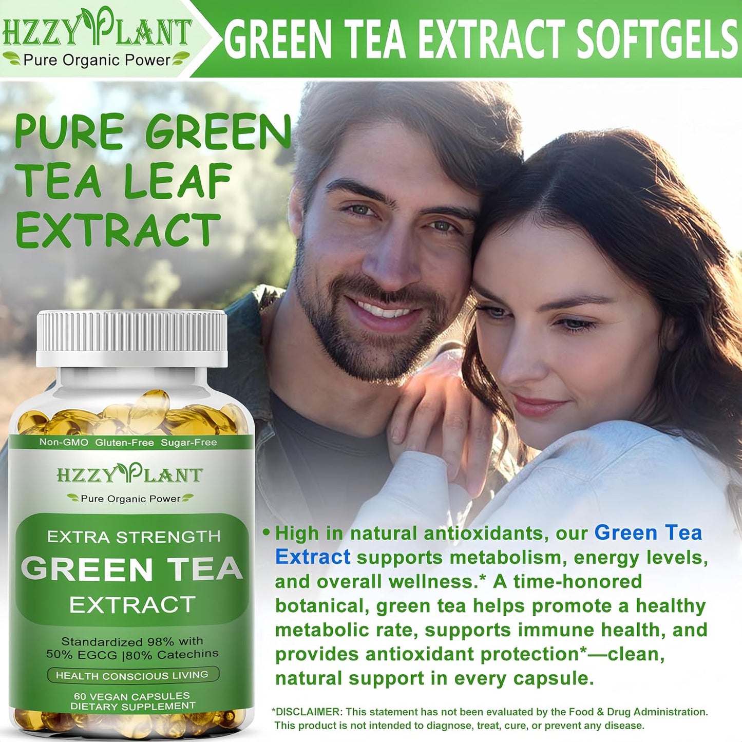 Green Tea Extract Softgels, High Absorption Green Tea Softgel Capsules for Energy Metabolism Antioxidant Immune Skin Heart Support, Herbal Supplement 50% EGCG for Men & Women,Non-GMO,2 Month Supply