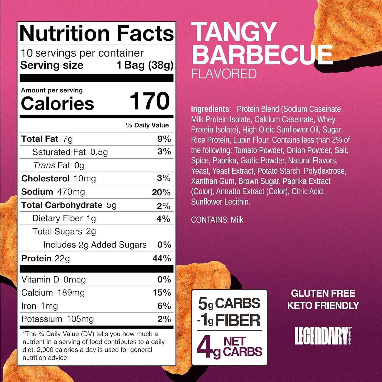 Legendary Foods Tangy BBQ Protein Chips – Popped Tortilla Style – 22g High Protein, 4g Net Carbs, Low Sugar, Gluten Free, Keto Snack Packs – 10 Count – Healthy Crunchy Chips