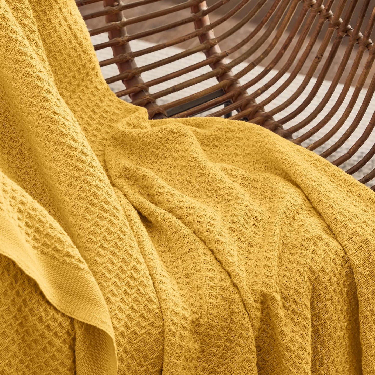 Bedsure 100% Cotton Blanket Queen Size for Bed - Breathable and Soft, Waffle Weave Blanket for Summer, Thick Cozy Fall Blankets for Women Gift, Mustard Yellow, 90x90 Inches
