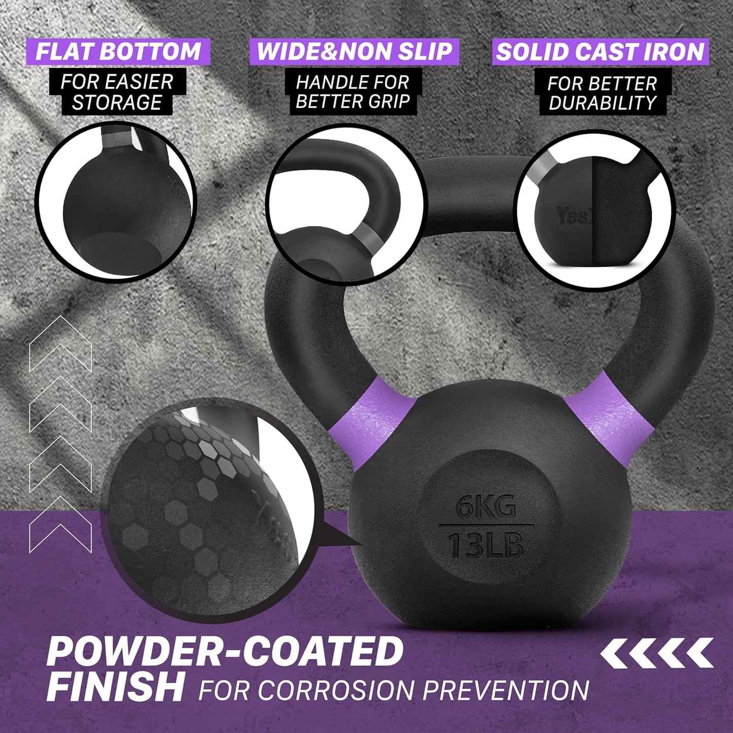 Yes4All Powder Coated Cast Iron Kettlebell Strength Training Kettlebells Weight Set for Full Body Workout, Home Gym