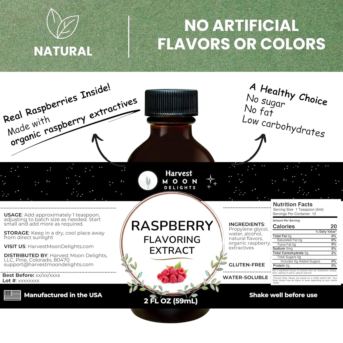 Natural Raspberry Extract - 2 oz - Water-Soluble - By Harvest Moon Delights - Raspberry Extract for Baking, Ice Cream, Drinks, and Candy - Flavoring - Sugar Free