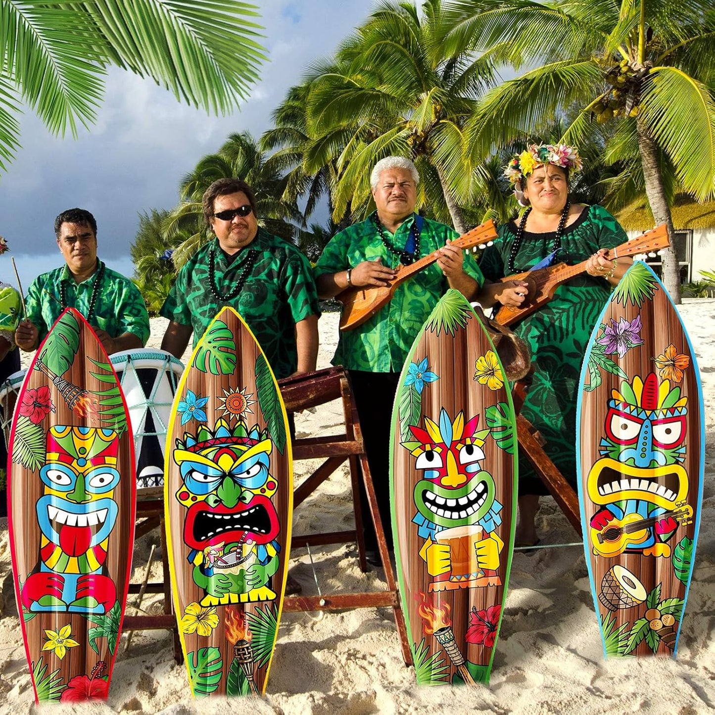 4 Pcs 36 Inch Tiki Inflatable Surf Board Tiki Party Decorations Blow up Surfboard Bar Decorations Inflatable Pool Floats for Hawaiian Luau Tropical Beach Party Supplies Outdoor Decor