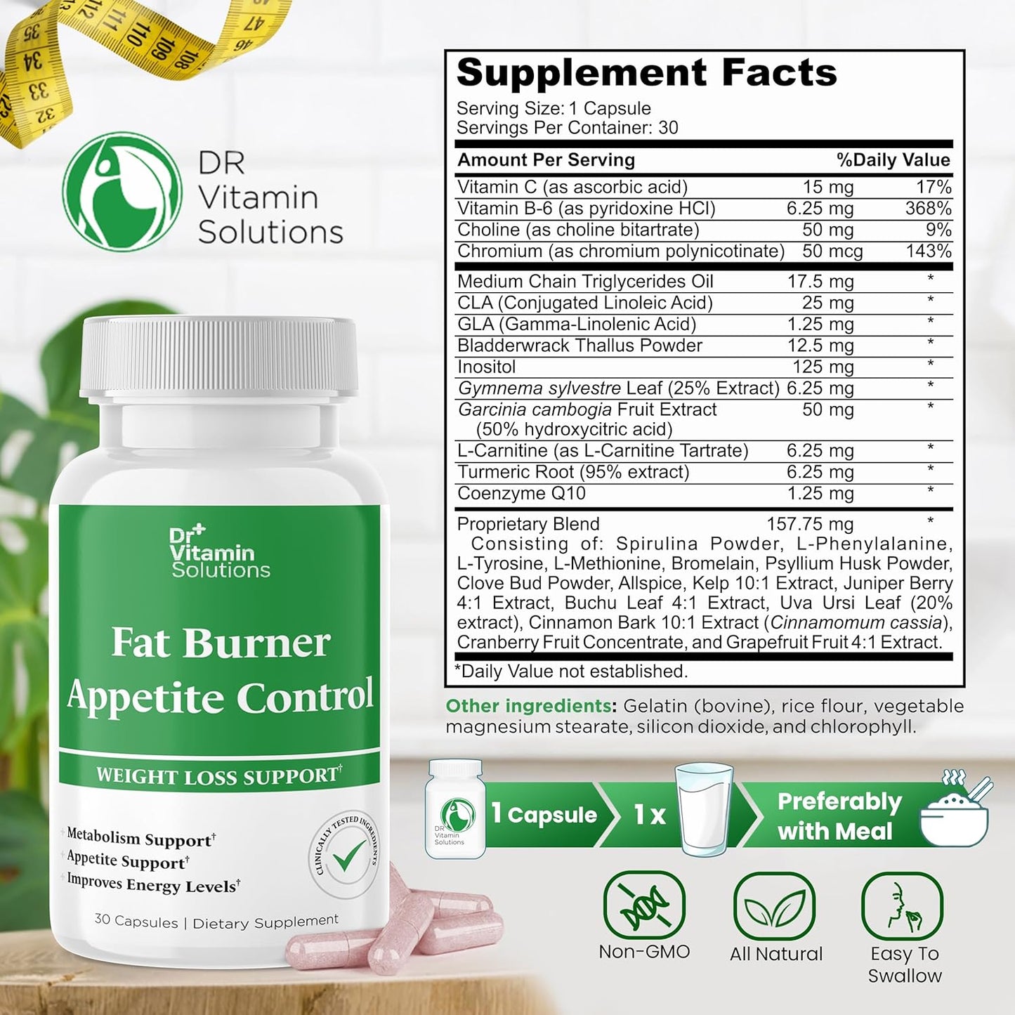 DR VITAMIN SOLUTIONS Fat Burner & Appetite Control Weight Loss Supplements for Women & Men - Metabolism Booster w/L-Carnitine, CLA, Chromium - Appetite Suppressant for Weight Loss - 30 Capsules