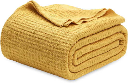 Bedsure 100% Cotton Blanket King Size for Bed - Breathable and Soft, Waffle Weave Blanket for Summer, Thick Cozy Fall Blankets for Women Gift, Mustard Yellow, 104x90 inches